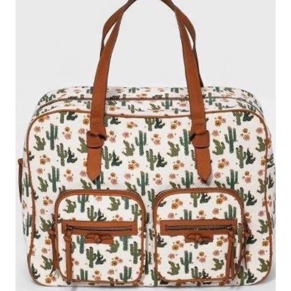Cactus Print Canvas Leather Purse Tote Bag Weekender Cream Brown Southwest Boho
